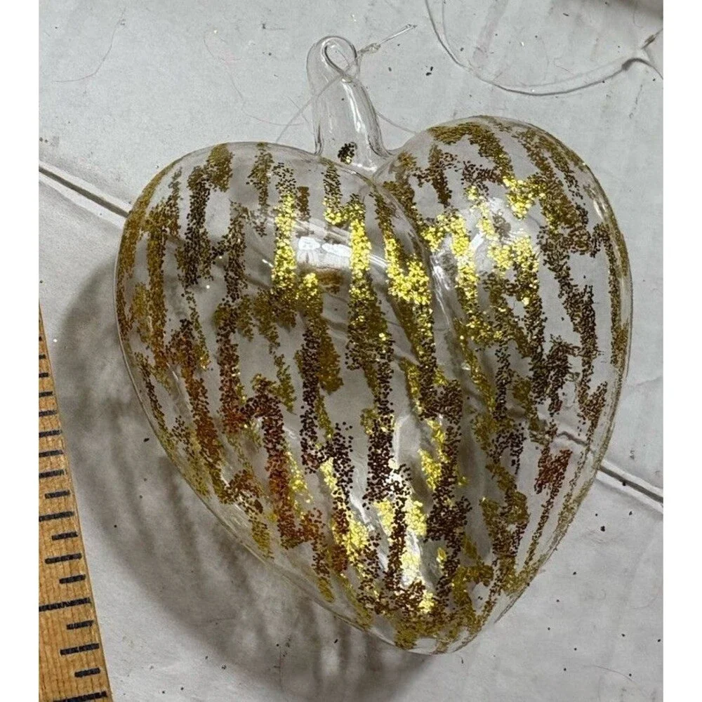 9 Clear Glass Christmas Ornaments Gold Glitter Hearts Balls Teardrops Vintage